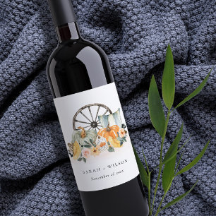 Rustic Fall Pumpkin Leafy Floral Wheel Wedding Wine Label