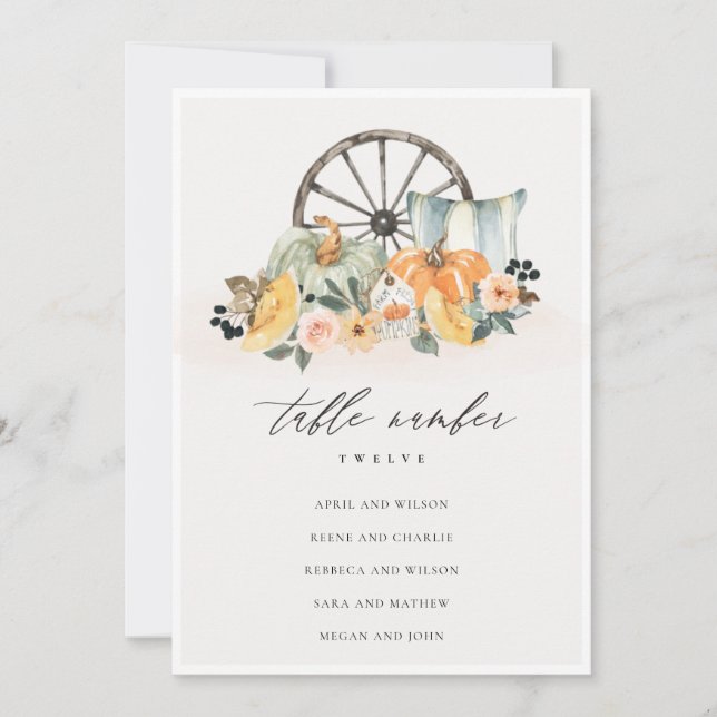 Rustic Fall Pumpkin Leafy Seating Chart Table Card (Front)