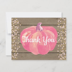 Rustic Fall Pumpkin Pink Gold Glitter Thank You Card