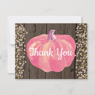Rustic Fall Pumpkin Pink Gold Glitter Thank You Card
