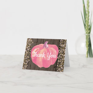 Rustic Fall Pumpkin Pink Gold Glitter Thank You Card