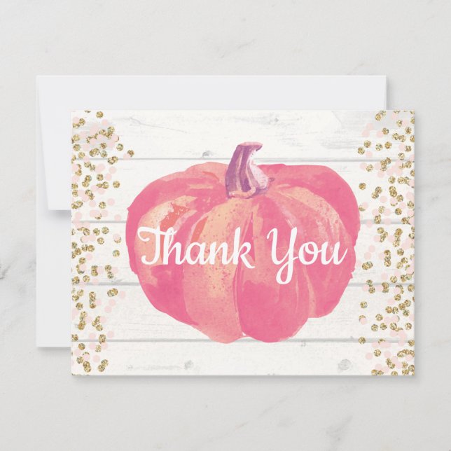 Rustic Fall Pumpkin Pink Gold Glitter Thank You Card (Front)