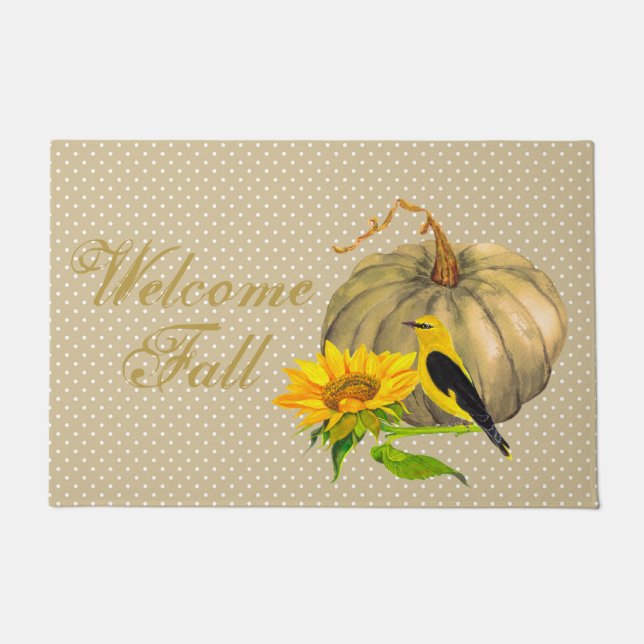 Rustic Fall Pumpkin Sunflower and Finch  Doormat (Front)
