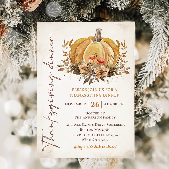 Rustic Fall Pumpkin Thanksgiving Dinner Watercolor Invitation (Creator Uploaded)