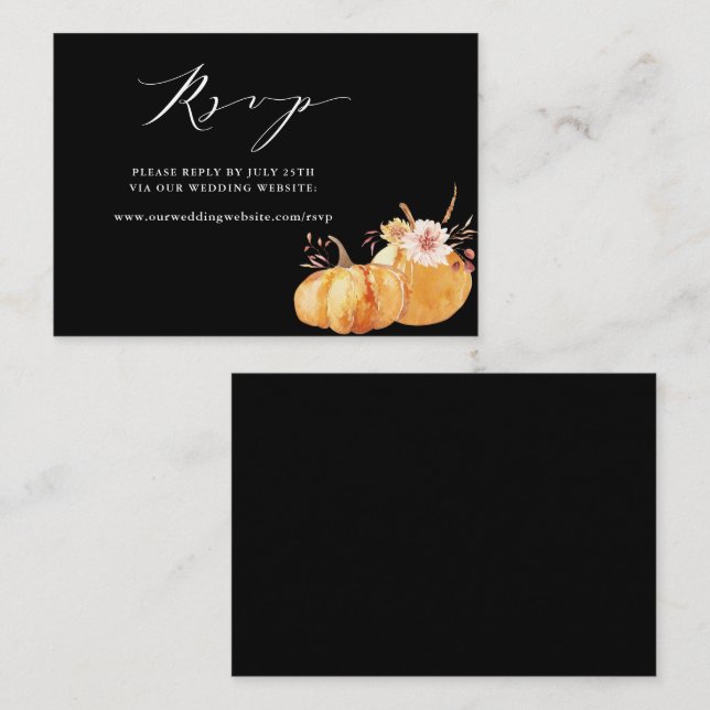 Rustic Fall Pumpkin Wedding Website RSVP Black Enclosure Card (Front/Back)