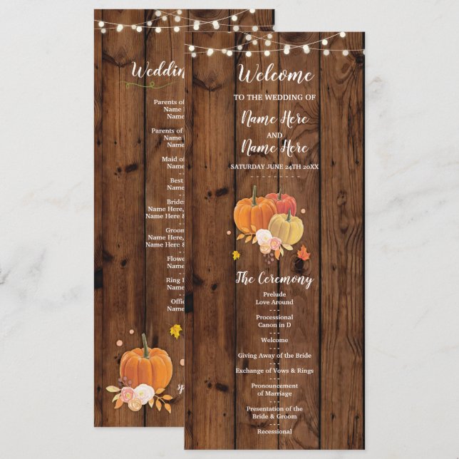 Rustic Fall Pumpkin Wood Wedding Program Details Invitation (Front/Back)