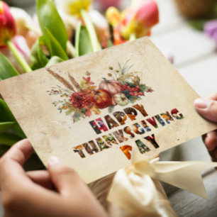 Rustic Fall Pumpkins and Leaves Happy Thanksgiving Holiday Card