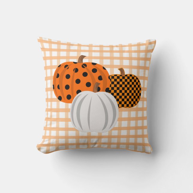 Rustic Fall Pumpkins Orange Gingham Plaid Cushion (Front)