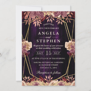 Rustic Fall Purple Flowers Gold Frame Wedding Invitation