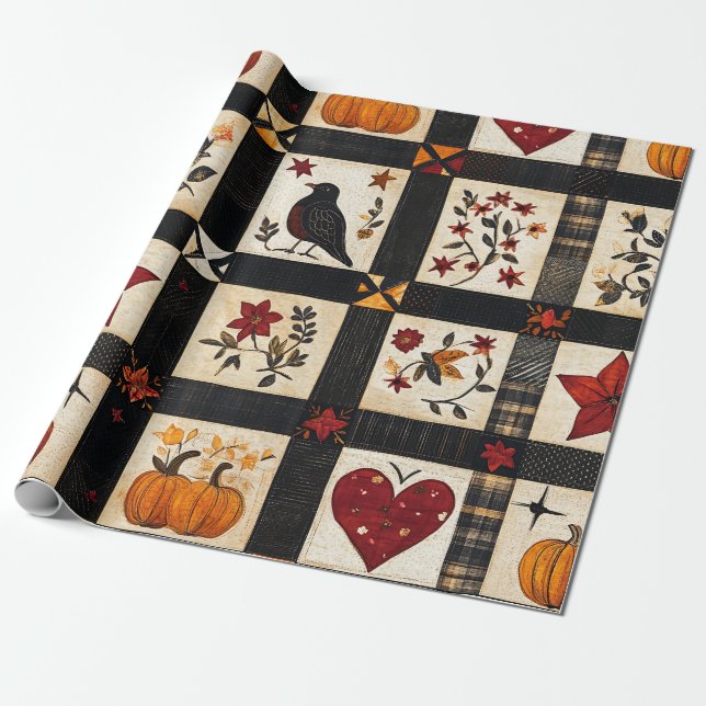 Rustic Fall Quilt Pattern | Farmhouse Patchwork Wrapping Paper (Unrolled)