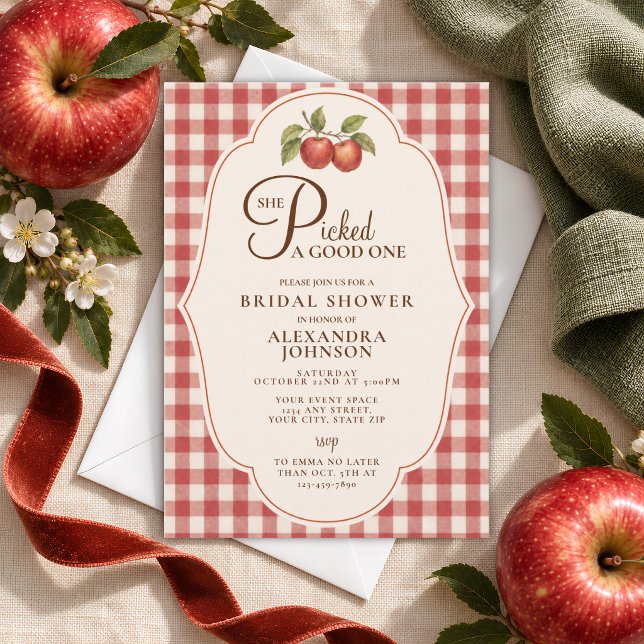 Rustic Fall Red Gingham Apple Bridal Shower Invitation (Creator Uploaded)