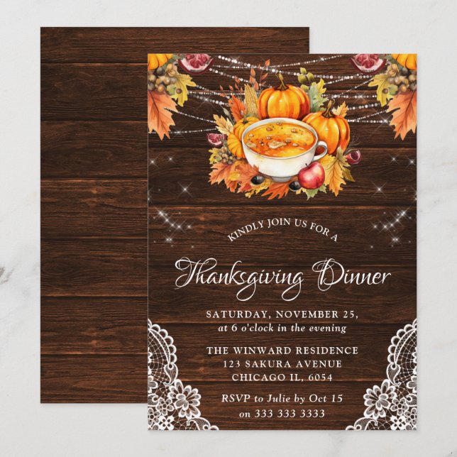 Rustic Fall Roasted Turkey Wood Thanksgiving Invitation (Front/Back)