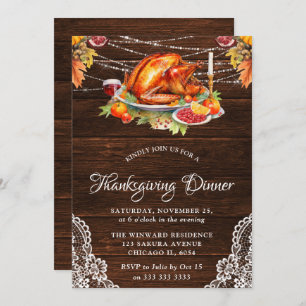 Rustic Fall Roasted Turkey Wood Thanksgiving Invitation