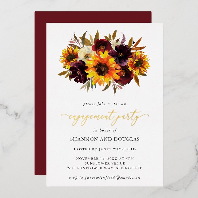 Rustic Fall Roses Sunflower Engagement Party Gold (Front/Back)