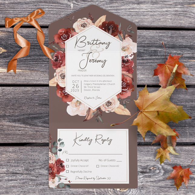 Rustic Fall Rust Floral on Brown Dinner All In One Invitation (Creator Uploaded)
