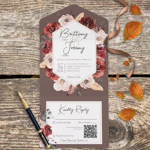 Rustic Fall Rust Floral on Brown QR Code All In One Invitation