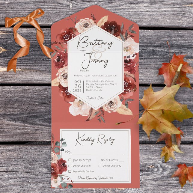 Rustic Fall Rust Floral on Rust Dinner All In One Invitation (Creator Uploaded)