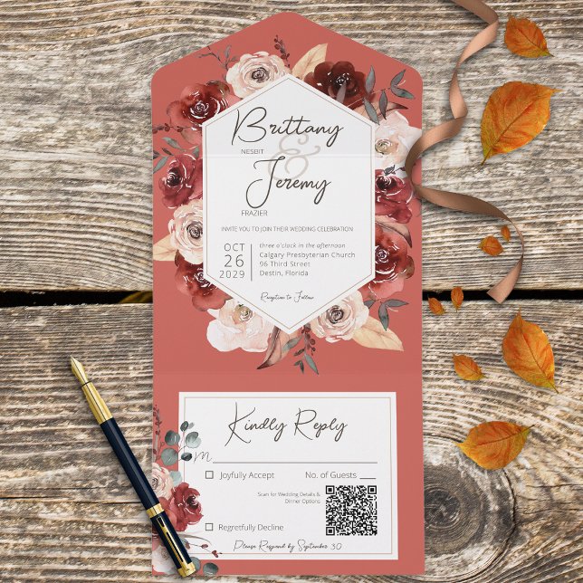 Rustic Fall Rust Floral on Rust QR Code All In One Invitation (Creator Uploaded)