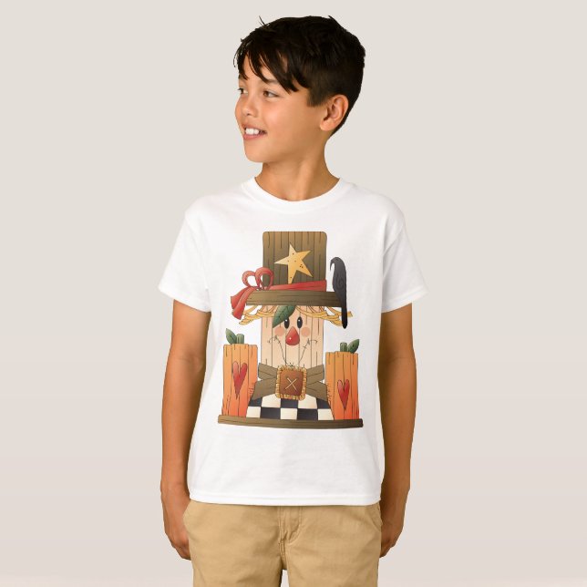 Rustic Fall Scarecrow with Pumpkins and Crow  T-Shirt (Front Full)
