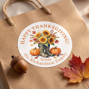Rustic Fall Sunflower Boots Thanksgiving Greeting Classic Round Sticker