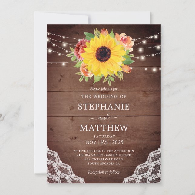 Rustic Fall Sunflower Coral Floral Lights Wedding Invitation (Front)