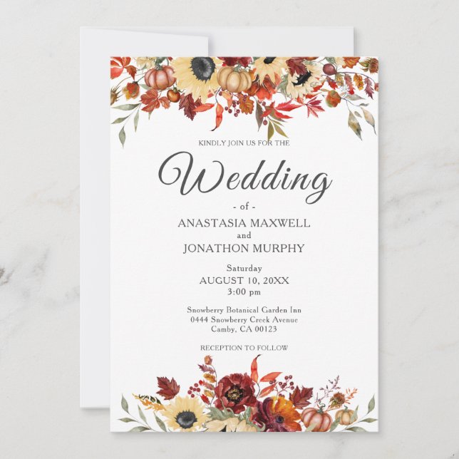 Rustic Fall Sunflower Floral Pumpkin Wedding Invitation (Front)