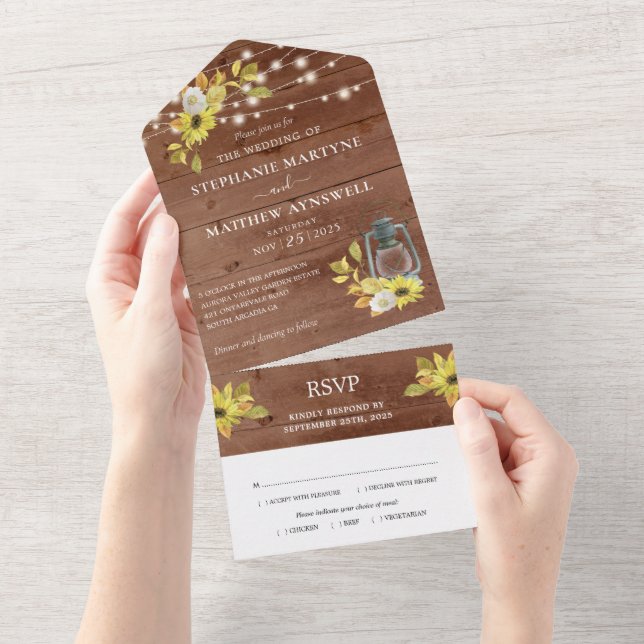 Rustic Fall Sunflower Lantern Lights Wood Wedding All In One Invitation (Tearaway)