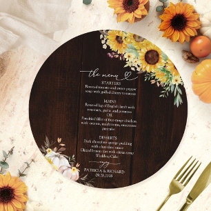 Rustic Fall Sunflower Pumpkin Circle Wedding Menu Invitation