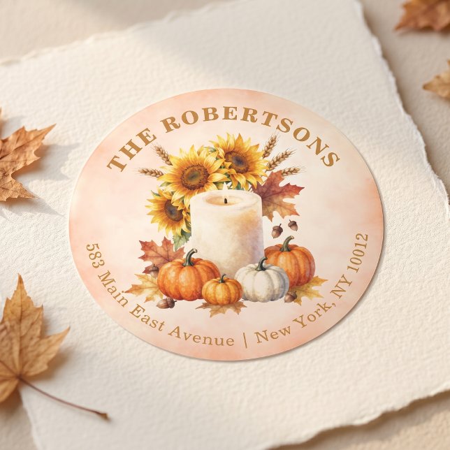Rustic Fall Sunflower Pumpkin Return Address Classic Round Sticker (Creator Uploaded)