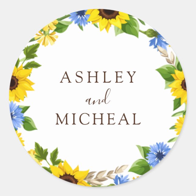 Rustic Fall Sunflower Wreath Wedding Sticker (Front)