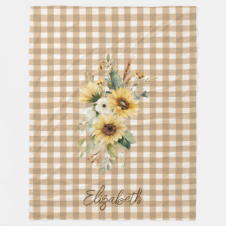 Rustic Fall Sunflowers Brown Gingham Personalised Fleece Blanket