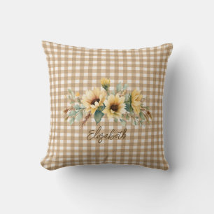 Rustic Fall Sunflowers Brown Gingham Personalized  Cushion
