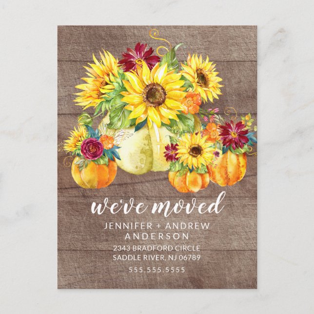 Rustic Fall Sunflowers Pumpkin Moving Announcement (Front)