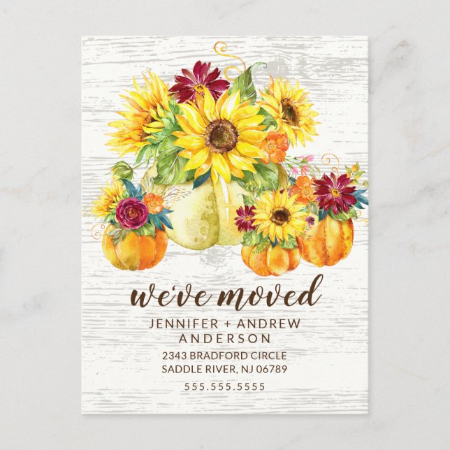 Rustic Fall Sunflowers Pumpkin Moving Announcement (Front)