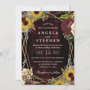 Rustic Fall Sunflowers Wood and Frame Wedding Invitation