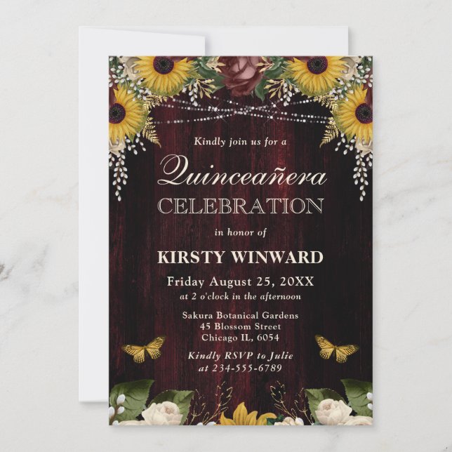 Rustic Fall Sunflowers Wood and Lights Quinceanera Invitation (Front)