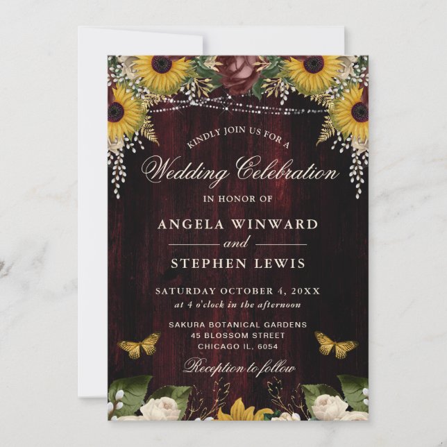 Rustic Fall Sunflowers Wood and Lights Wedding Invitation (Front)