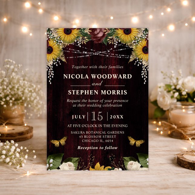 Rustic Fall Sunflowers Wood and Lights Wedding Invitation (Creator Uploaded)