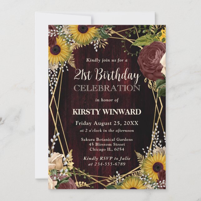 Rustic Fall Sunflowers Wood Frame 21st Birthday Invitation (Front)