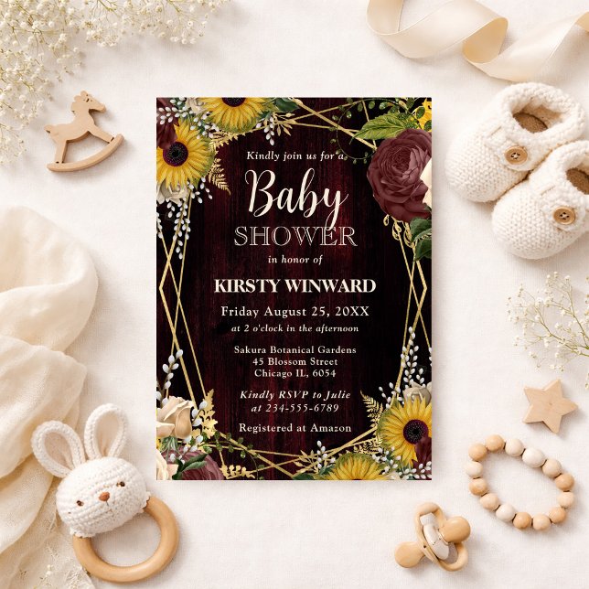 Rustic Fall Sunflowers Wood Frame Baby Shower Invitation (Creator Uploaded)