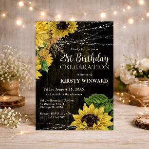 Rustic Fall Sunflowers Wood Lights 21st Birthday Invitation