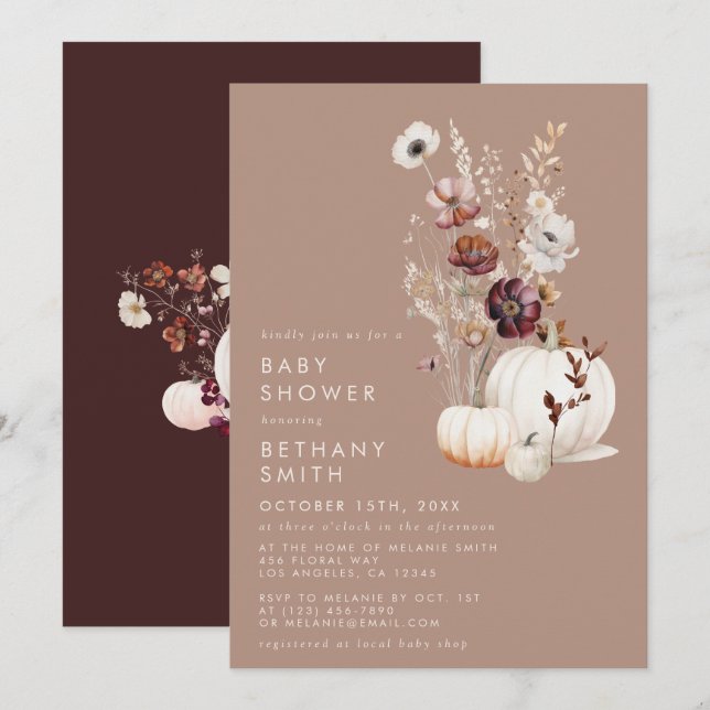 Rustic Fall Taupe Floral Pumpkin Baby Shower Invitation (Front/Back)