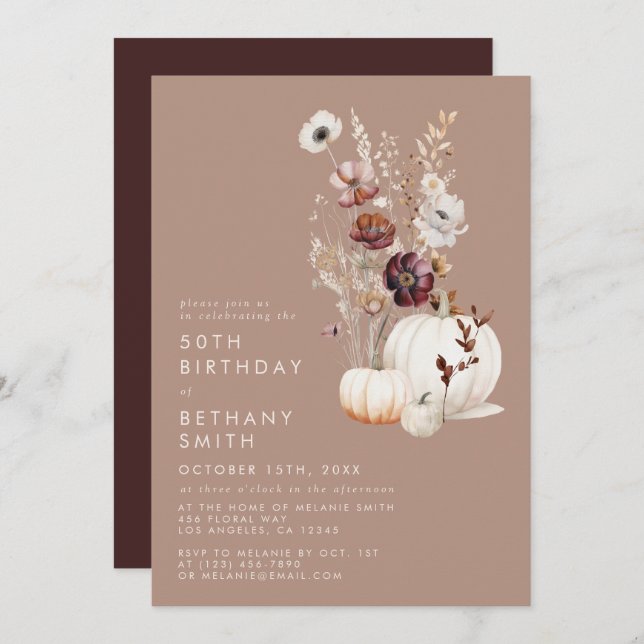Rustic Fall Taupe Floral Pumpkin Birthday Party Invitation (Front/Back)