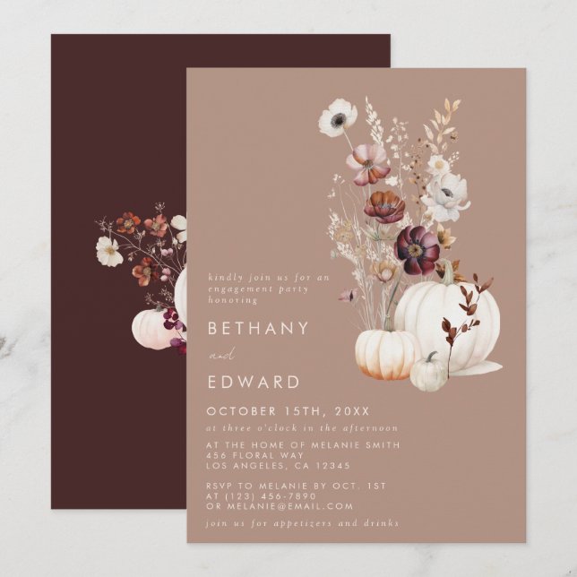 Rustic Fall Taupe Floral Pumpkin Engagement Party Invitation (Front/Back)