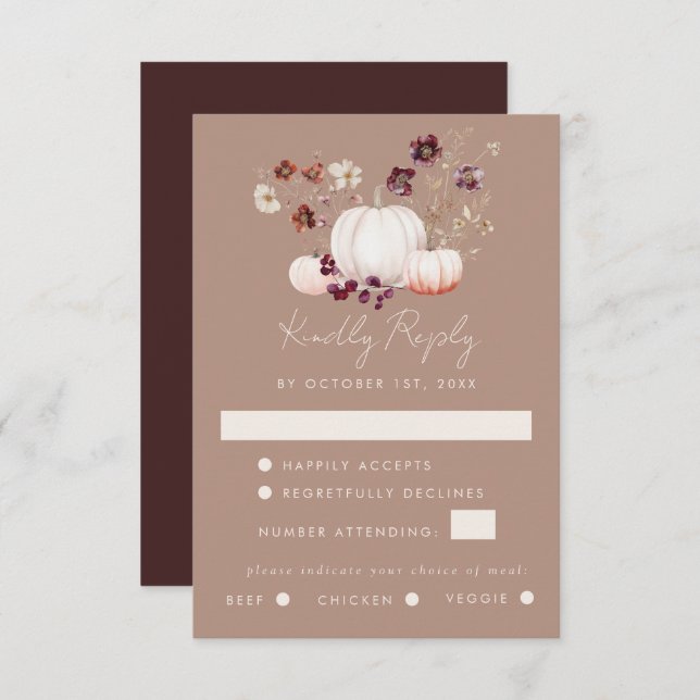 Rustic Fall Taupe Floral Pumpkin Wedding RSVP Card (Front/Back)