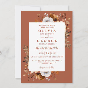 Rustic Fall Terracotta Floral All In One Wedding Invitation