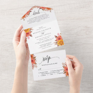 Rustic Fall Terracotta Floral Autumn Wedding All In One Invitation