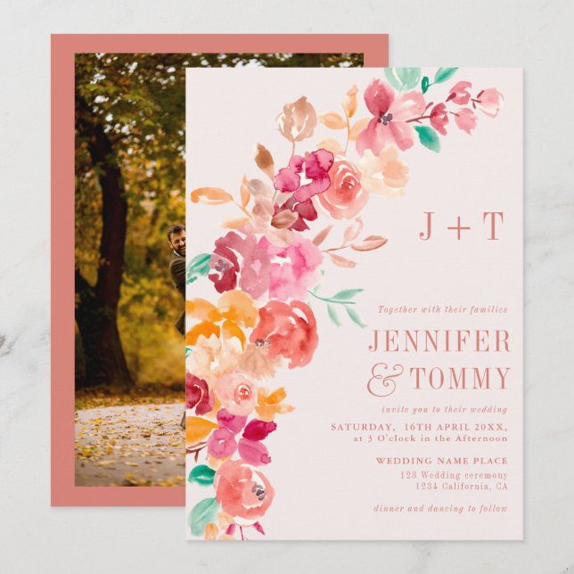 Rustic fall terracotta floral photo wedding invitation (Front/Back)