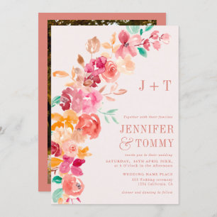 Rustic fall terracotta floral photo wedding invitation