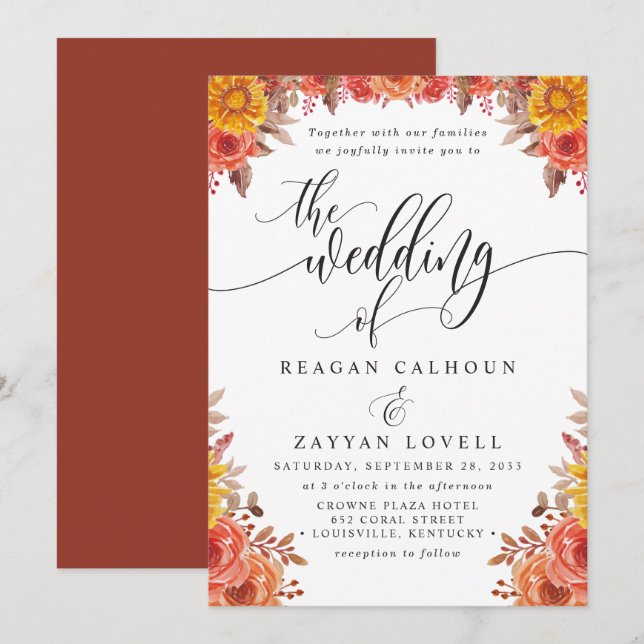 Rustic Fall Terracotta Floral Wedding Invitation (Front/Back)